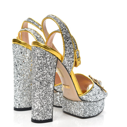 Gucci Glitter Soko Bee Platform High Heel Sandals 35 Argento Oro Vecchio 4 of 10