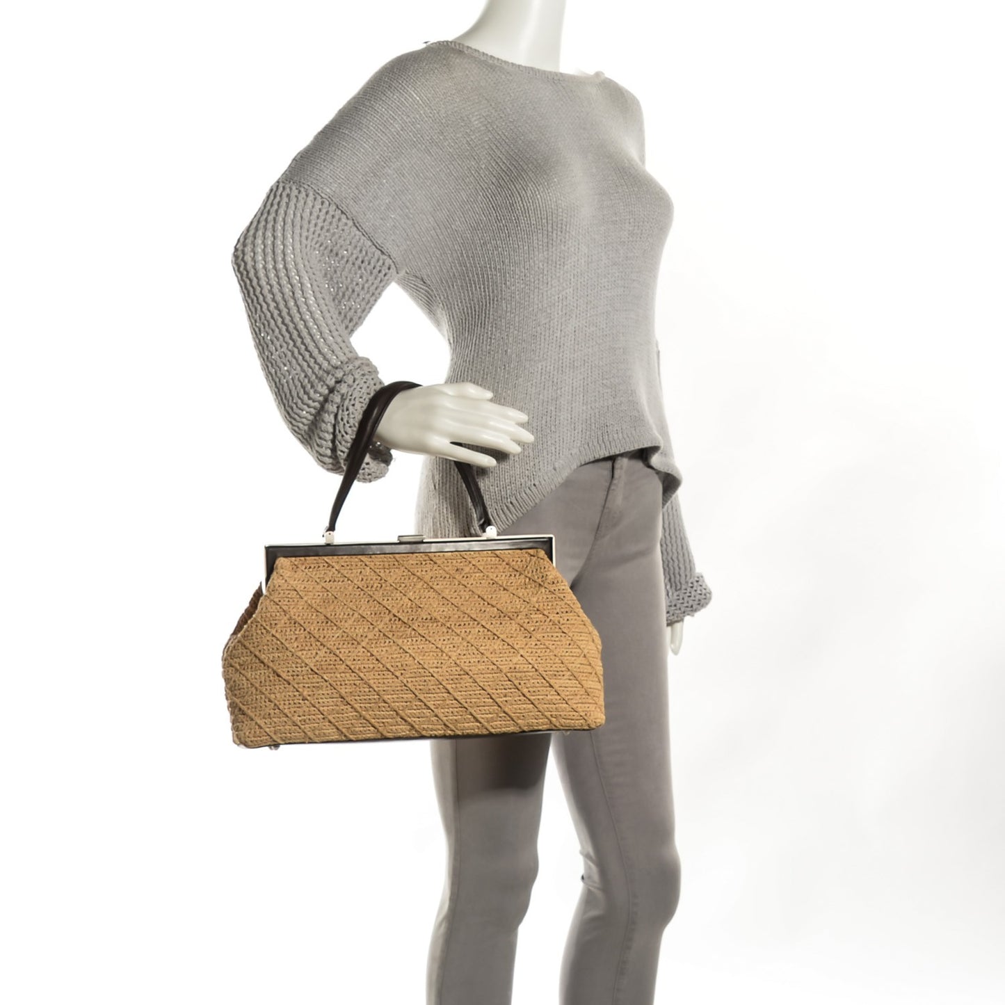 Woven Straw Raffia Framed Bag Brown