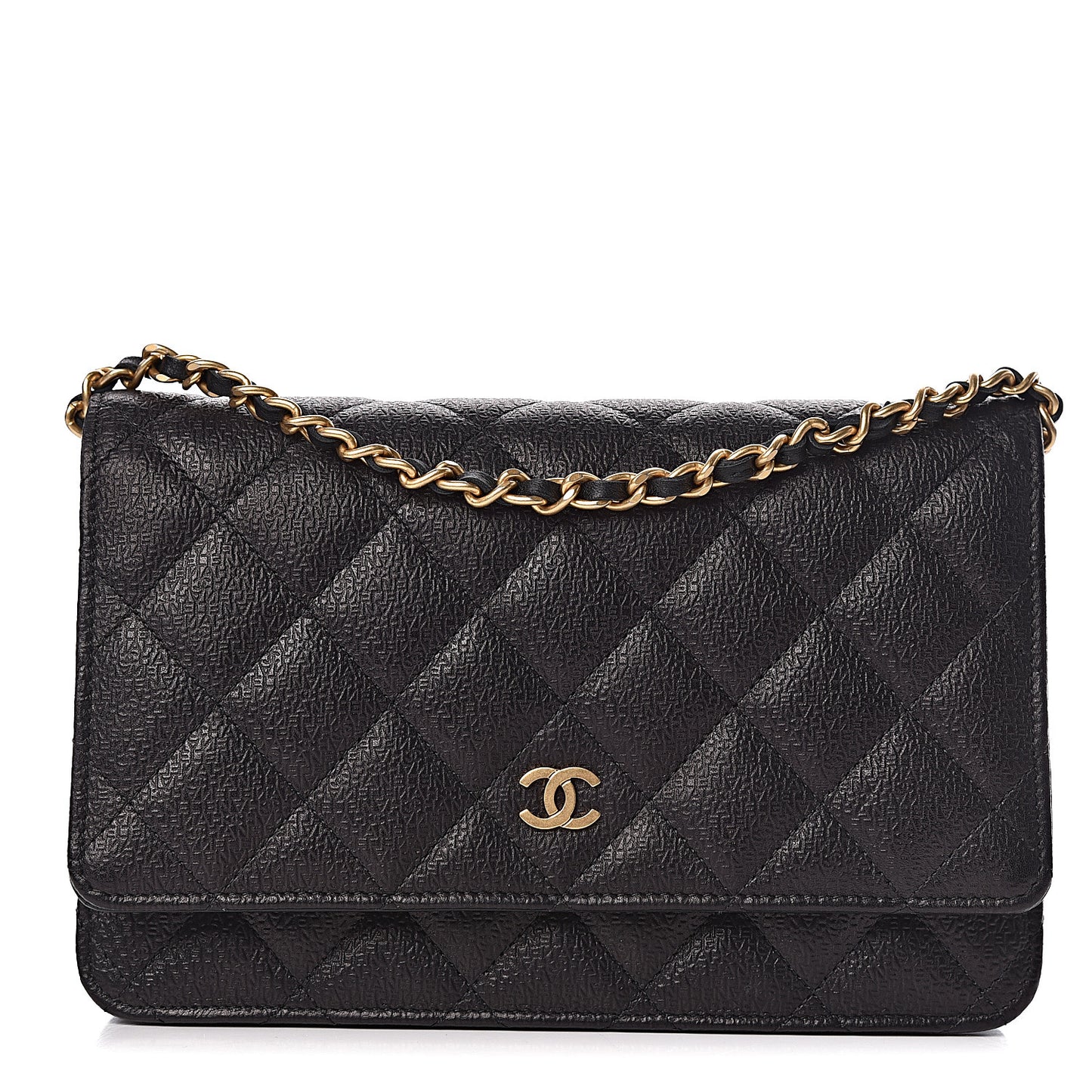 Letter Calfskin Embossed Quilted Wallet On Chain WOC Black