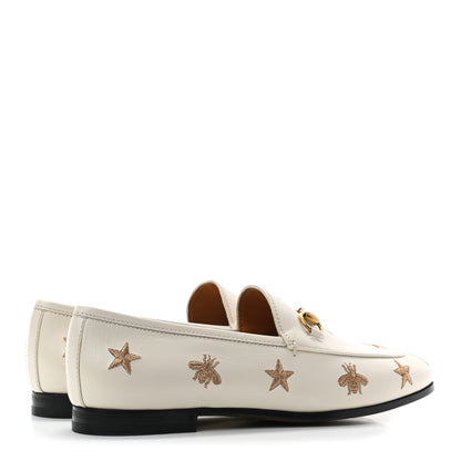 Gucci Goatskin Bee Star Embroidered Womens Jordaan Loafers 37.5 Mystic White 4 of 9