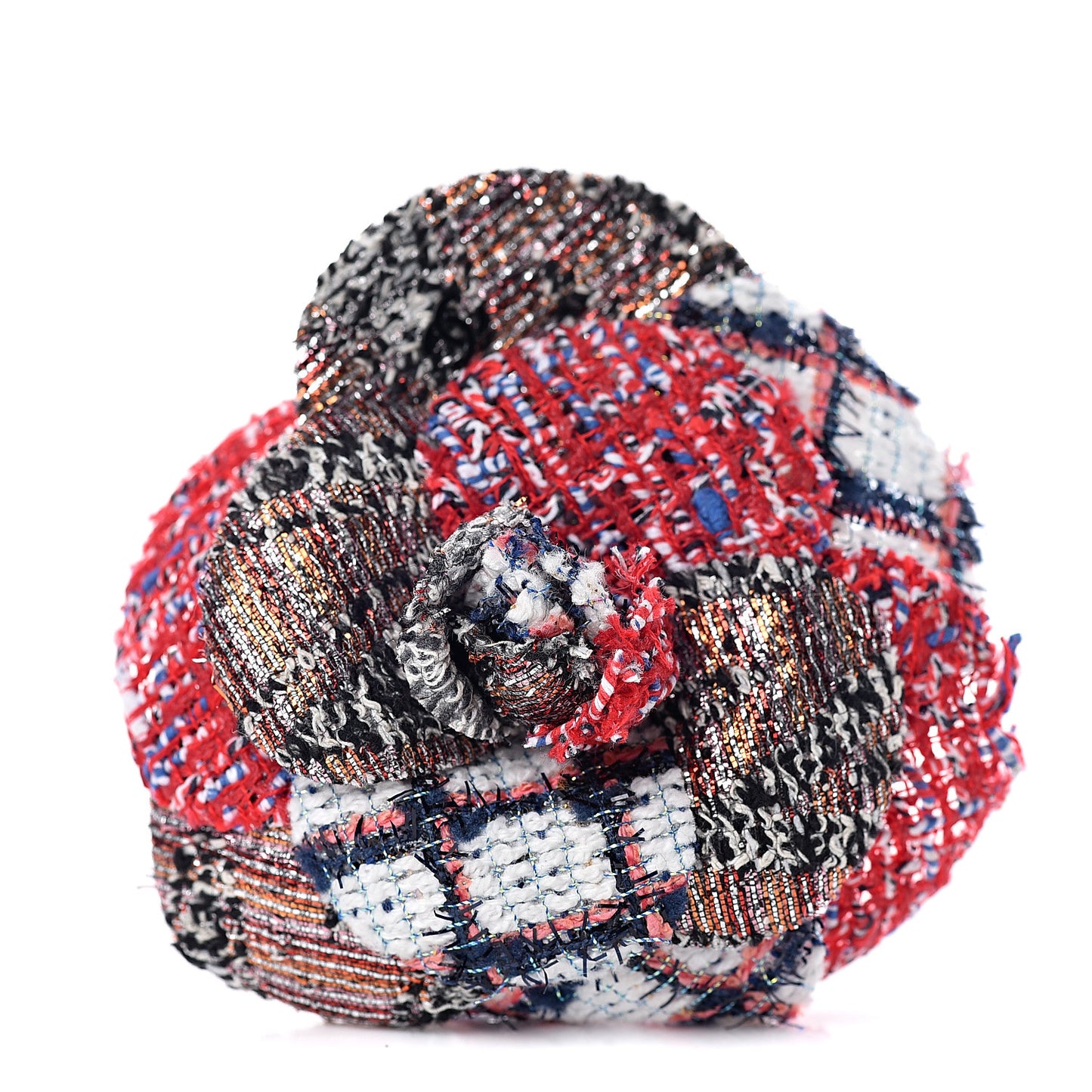 Tweed Camellia CC Pin Brooch Red Ivory