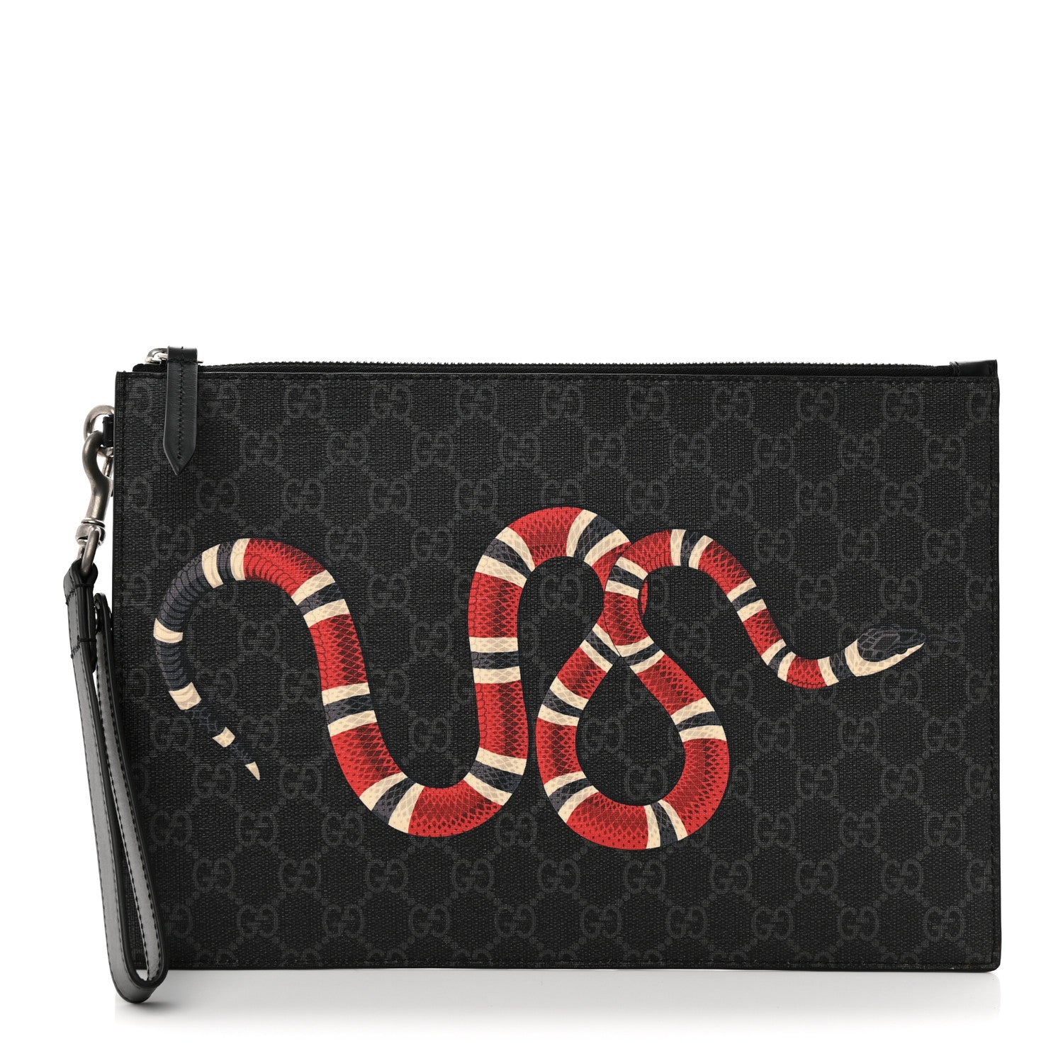Gucci GG Supreme Monogram Kingsnake Zip Wristlet Pouch Black Grey 1 of 8