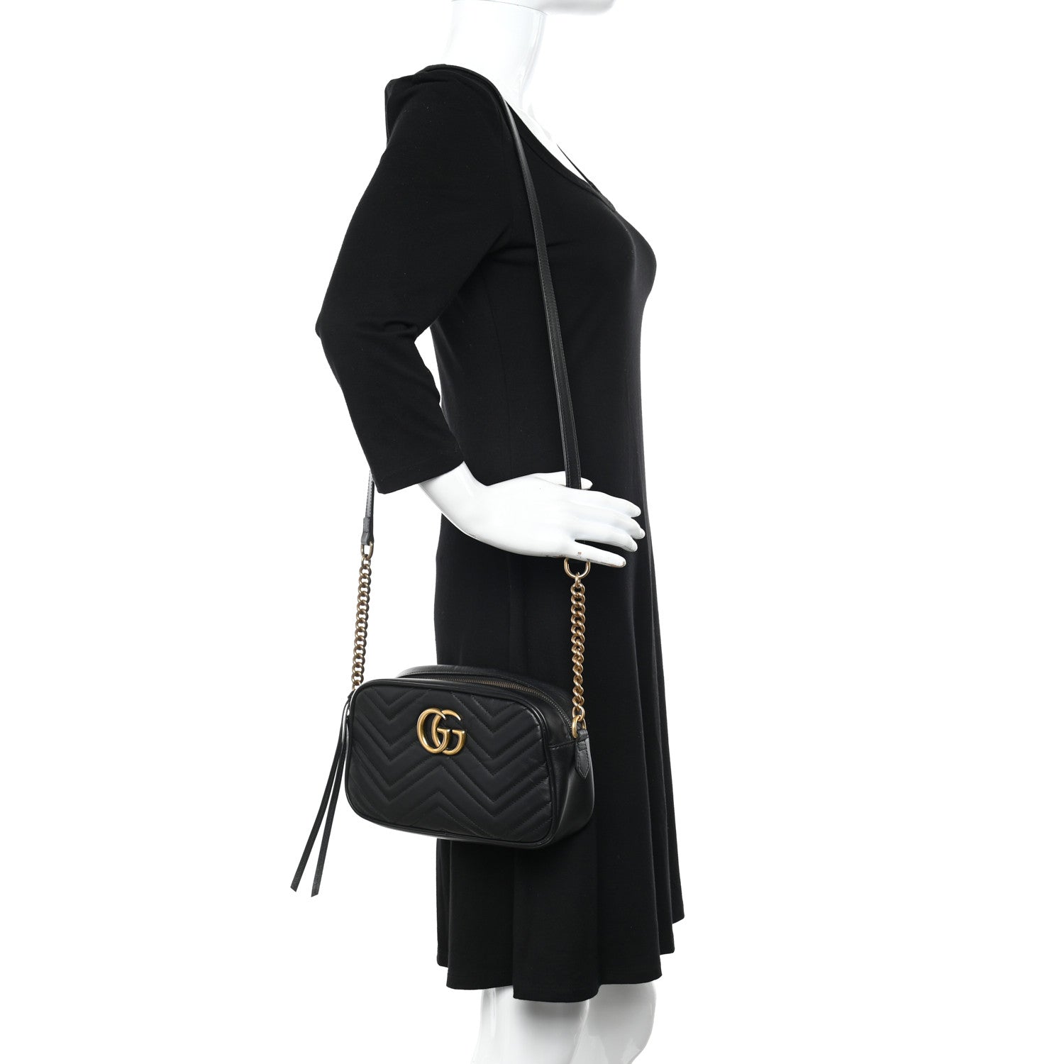 Gucci Calfskin Matelasse Small GG Marmont Chain Shoulder Bag Black 2 of 14