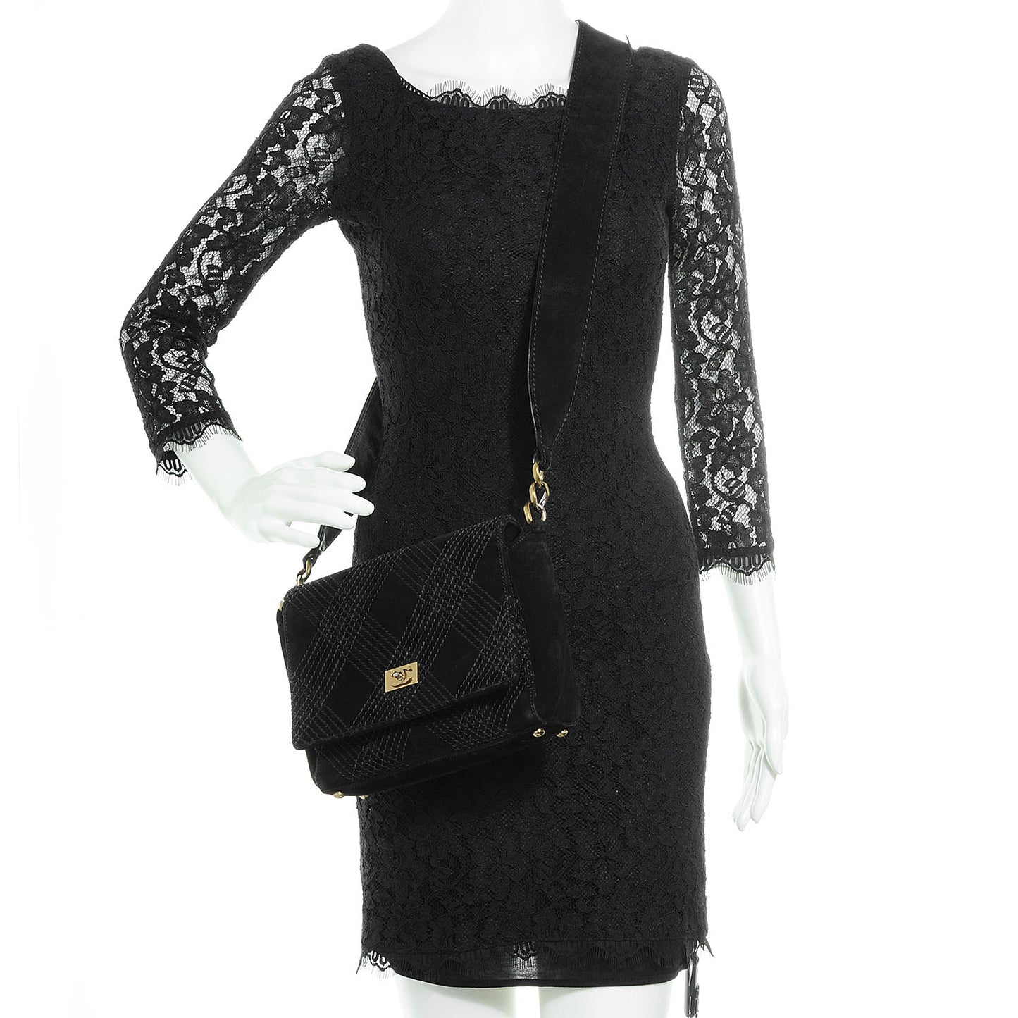 Suede Diamond Stitched Messenger Flap Bag Black