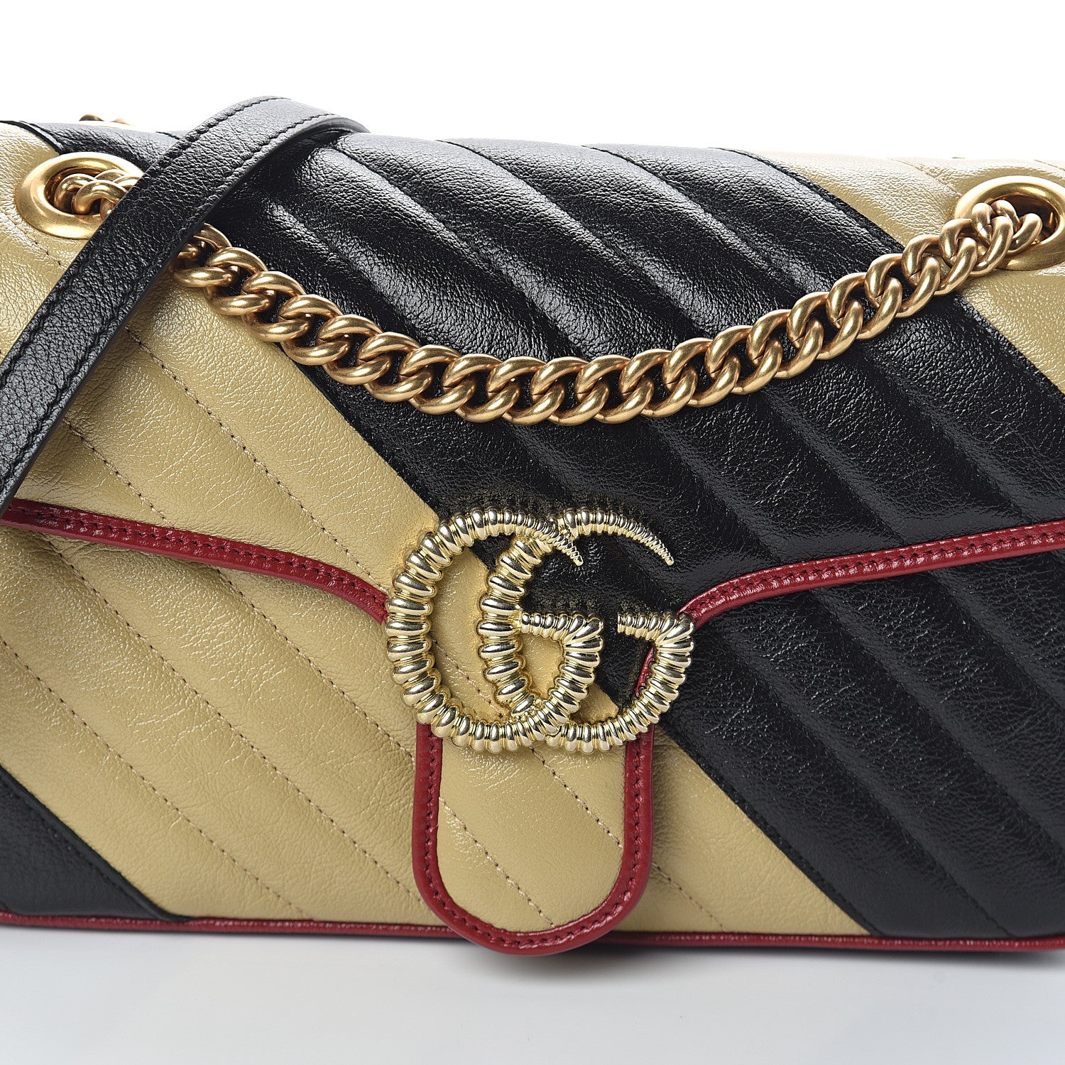 Gucci Vintage Effect Calfskin Matelasse Diagonal Striped Small Torchon GG Marmont Shoulder Bag Black Beige 6 of 8