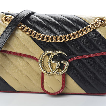 Gucci Vintage Effect Calfskin Matelasse Diagonal Striped Small Torchon GG Marmont Shoulder Bag Black Beige 6 of 8