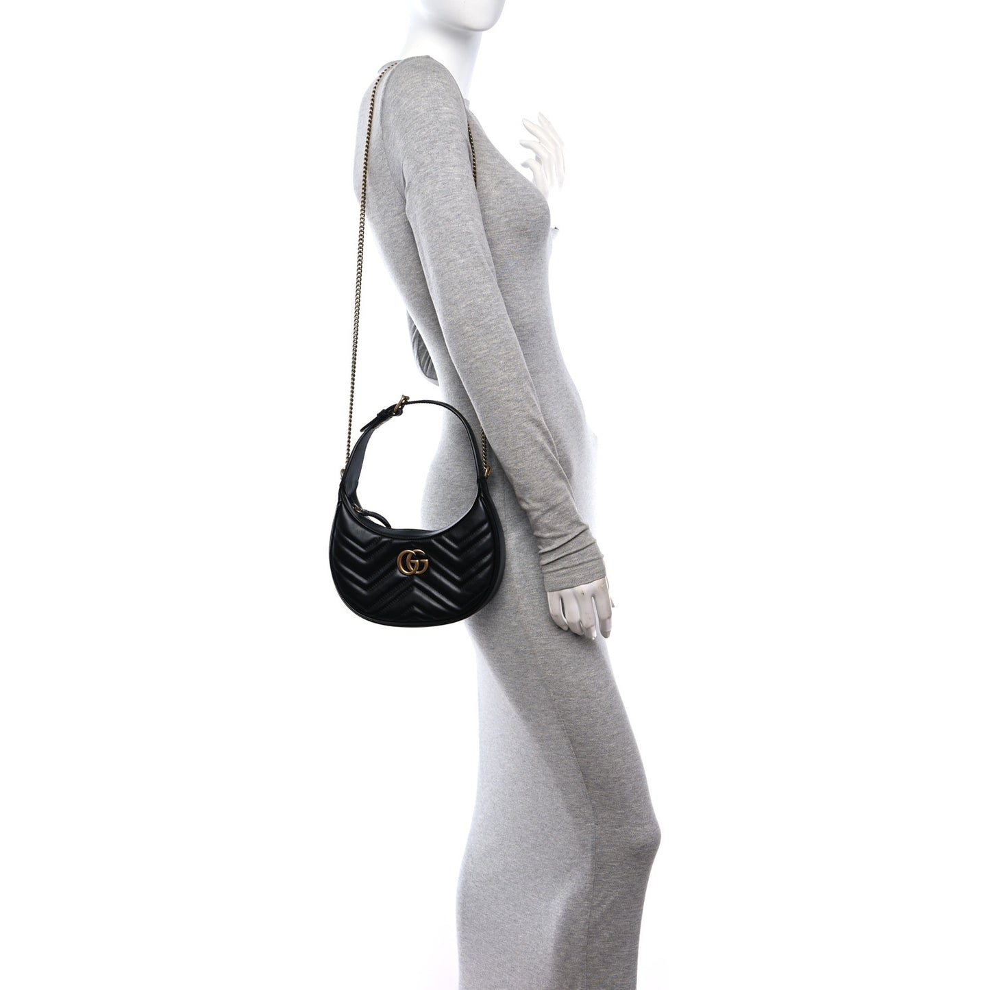 Calfskin Matelasse Chevron Mini GG Marmont Half Moon Hobo Black