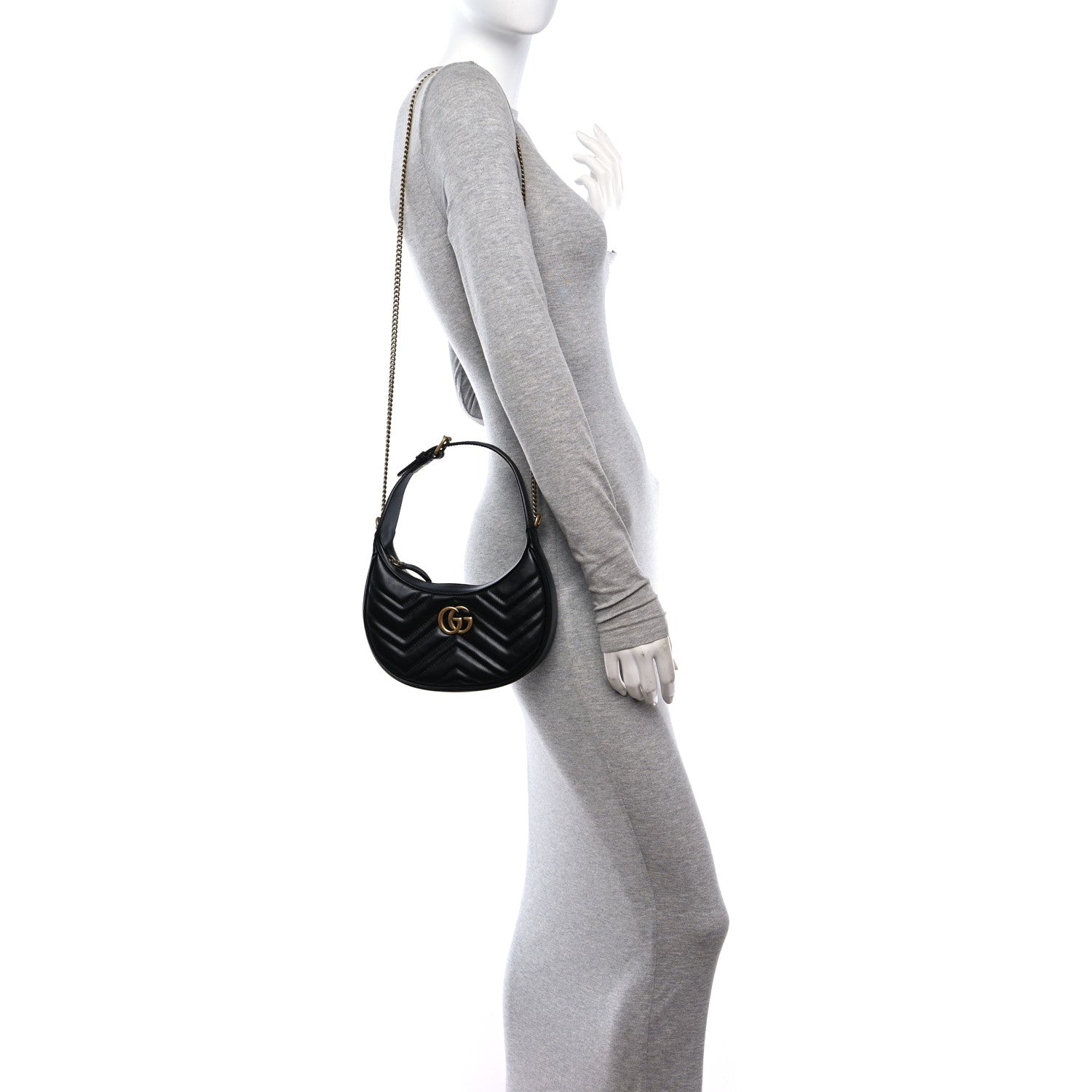 Gucci Calfskin Matelasse Chevron Mini GG Marmont Half Moon Hobo Black 2 of 11