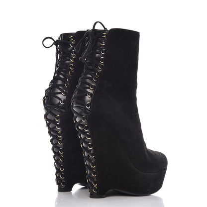 Saint Laurent Suede Corset Wedge Boots 37.5 Black 4 of 12