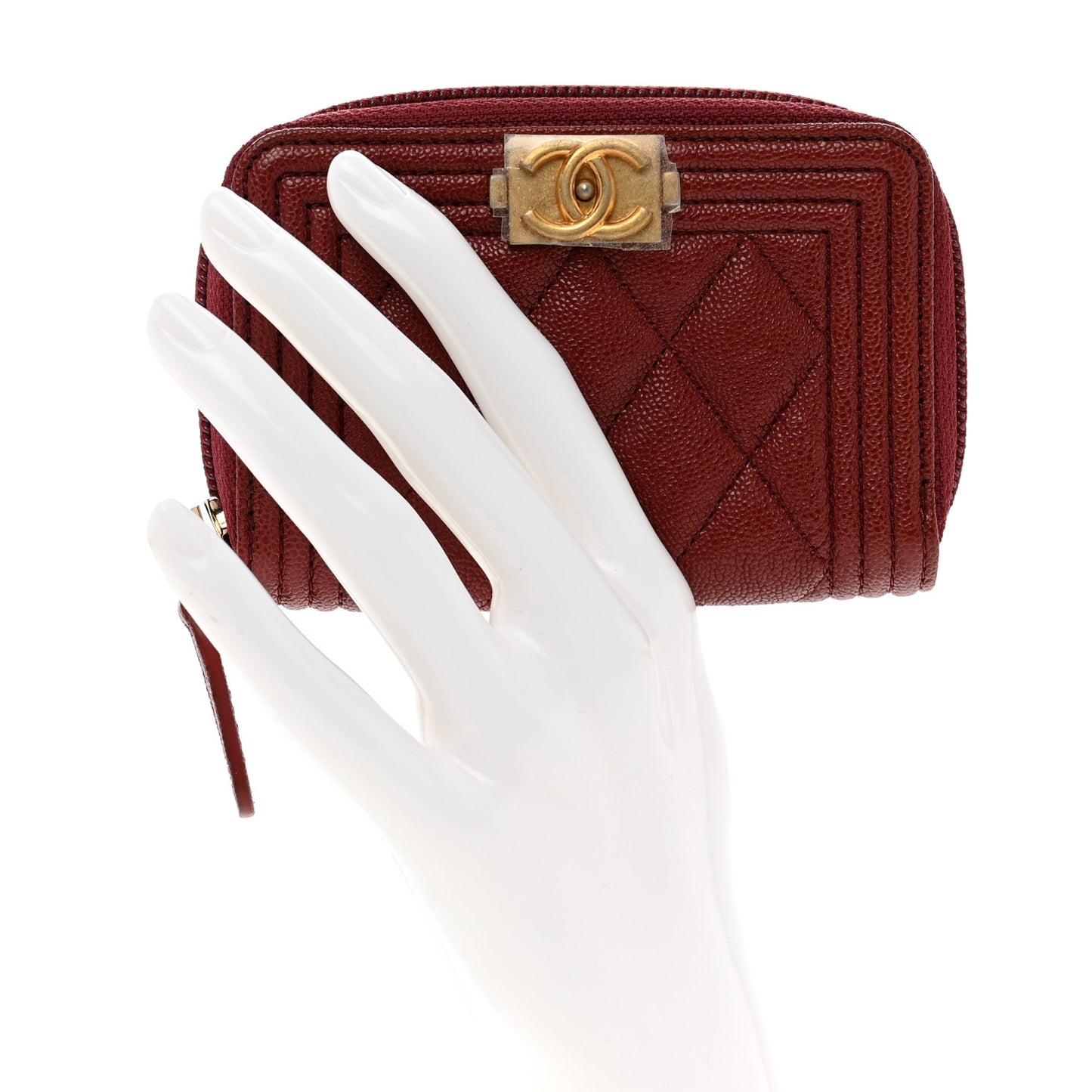 Caviar Quilted Boy Zip Around Coin Purse Wallet Burgundy