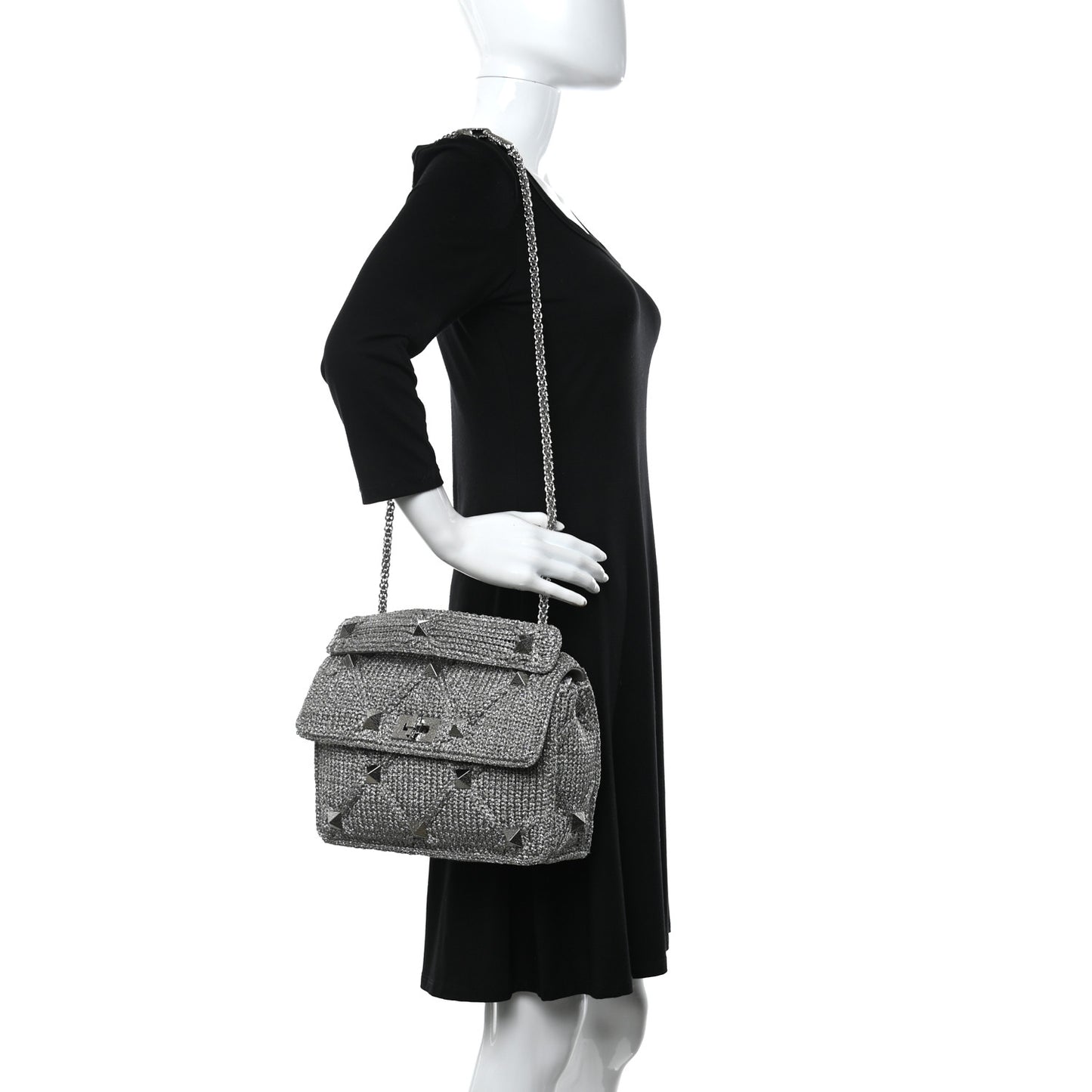 Metallic Lurex Knit Large Roman Stud Shoulder Bag Silver