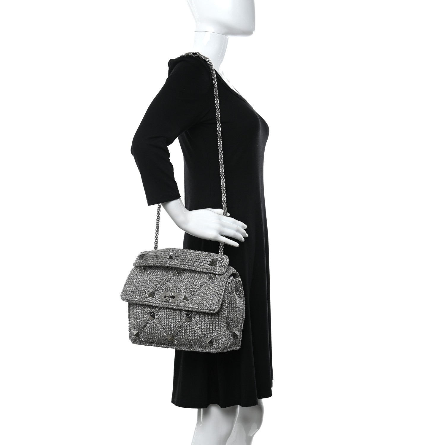Valentino Garavani Metallic Lurex Knit Large Roman Stud Shoulder Bag Silver 2 of 9