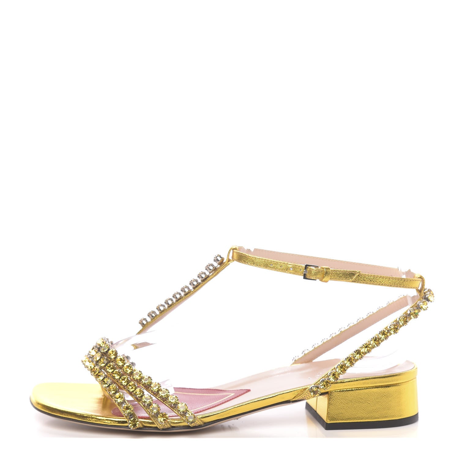 Gucci Nappa Silk Crystal Bertie T-Strap Low Heel Sandals 36 Gold 1 of 9