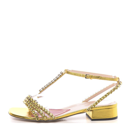 Gucci Nappa Silk Crystal Bertie T-Strap Low Heel Sandals 36 Gold 1 of 9