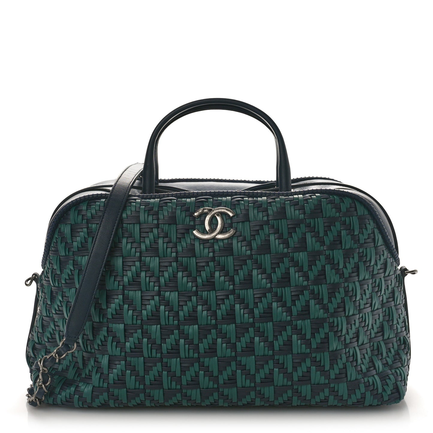 Calfskin Woven Bowling Bag Green Navy Blue