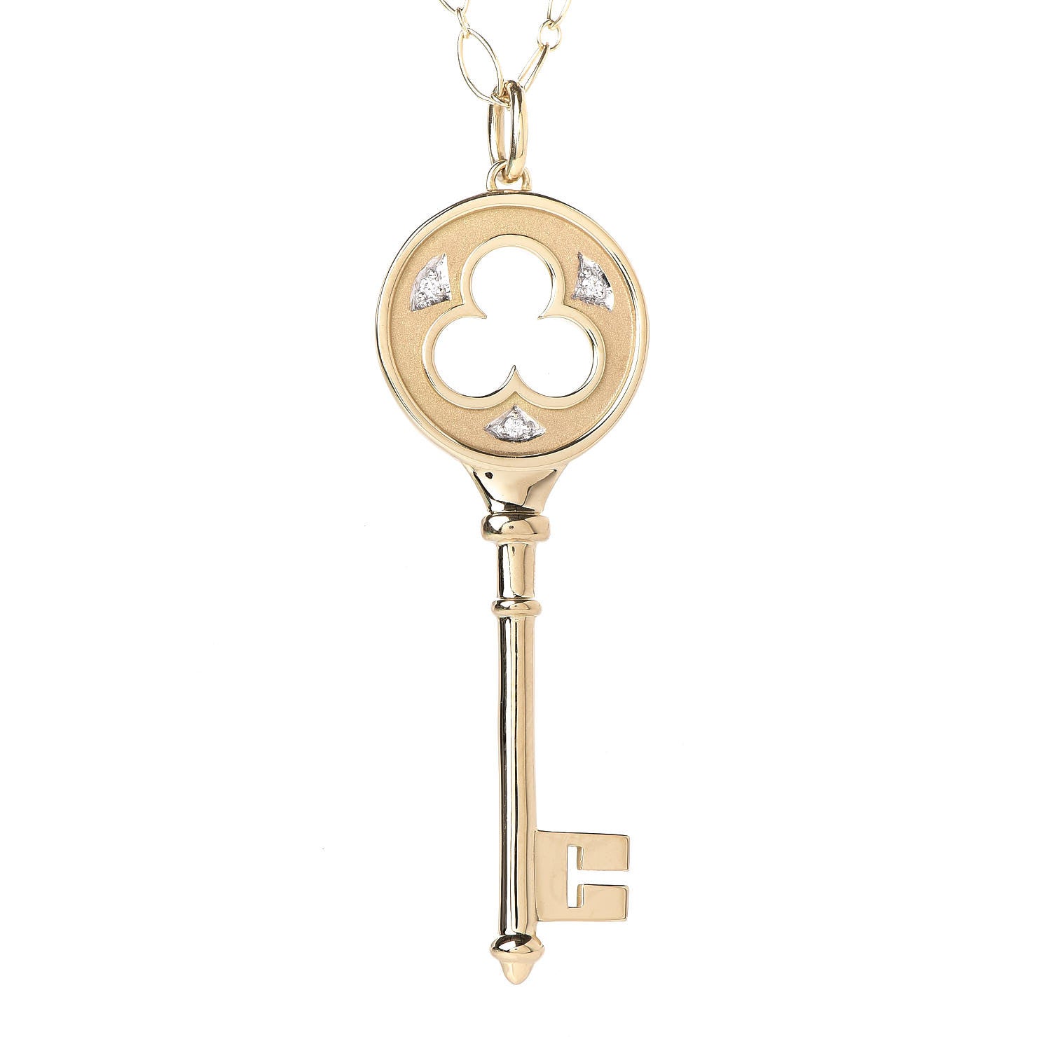 Tiffany 18K Yellow Gold Diamond Clover Key Pendant Necklace 4 of 8