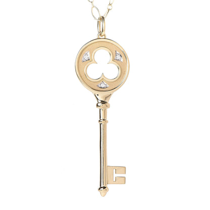 Tiffany 18K Yellow Gold Diamond Clover Key Pendant Necklace 4 of 8