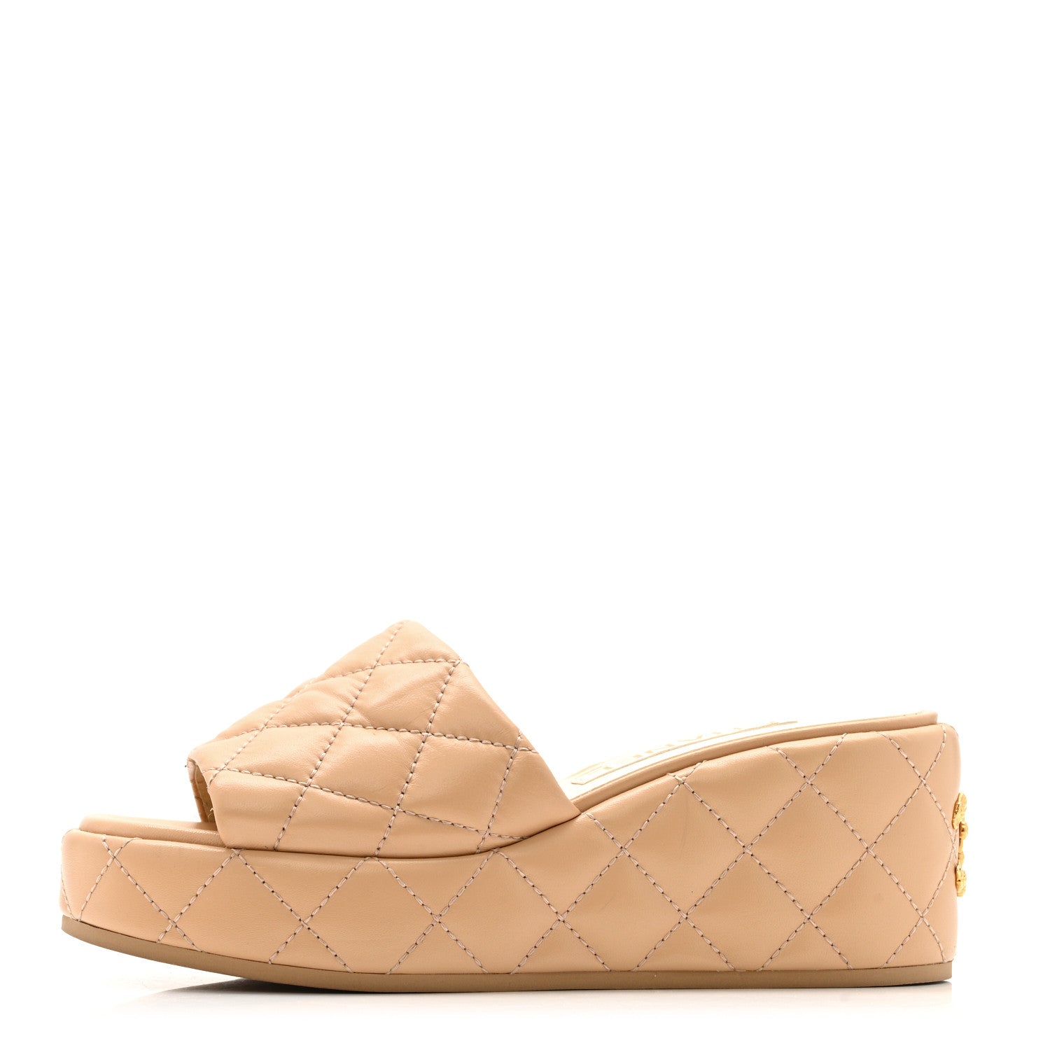 Chanel Lambskin Quilted Camelia CC Wedge Sandal Mules 38 Beige