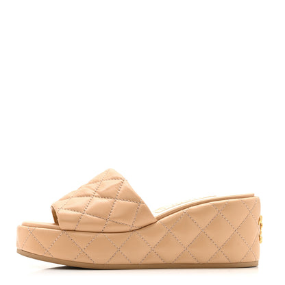 Chanel Lambskin Quilted Camelia CC Wedge Sandal Mules 38 Beige 1 of 15