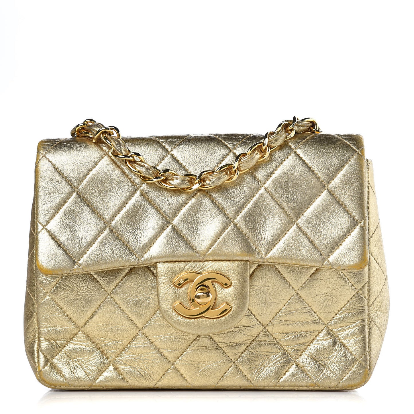 Metallic Lambskin Quilted Mini Square Flap Gold