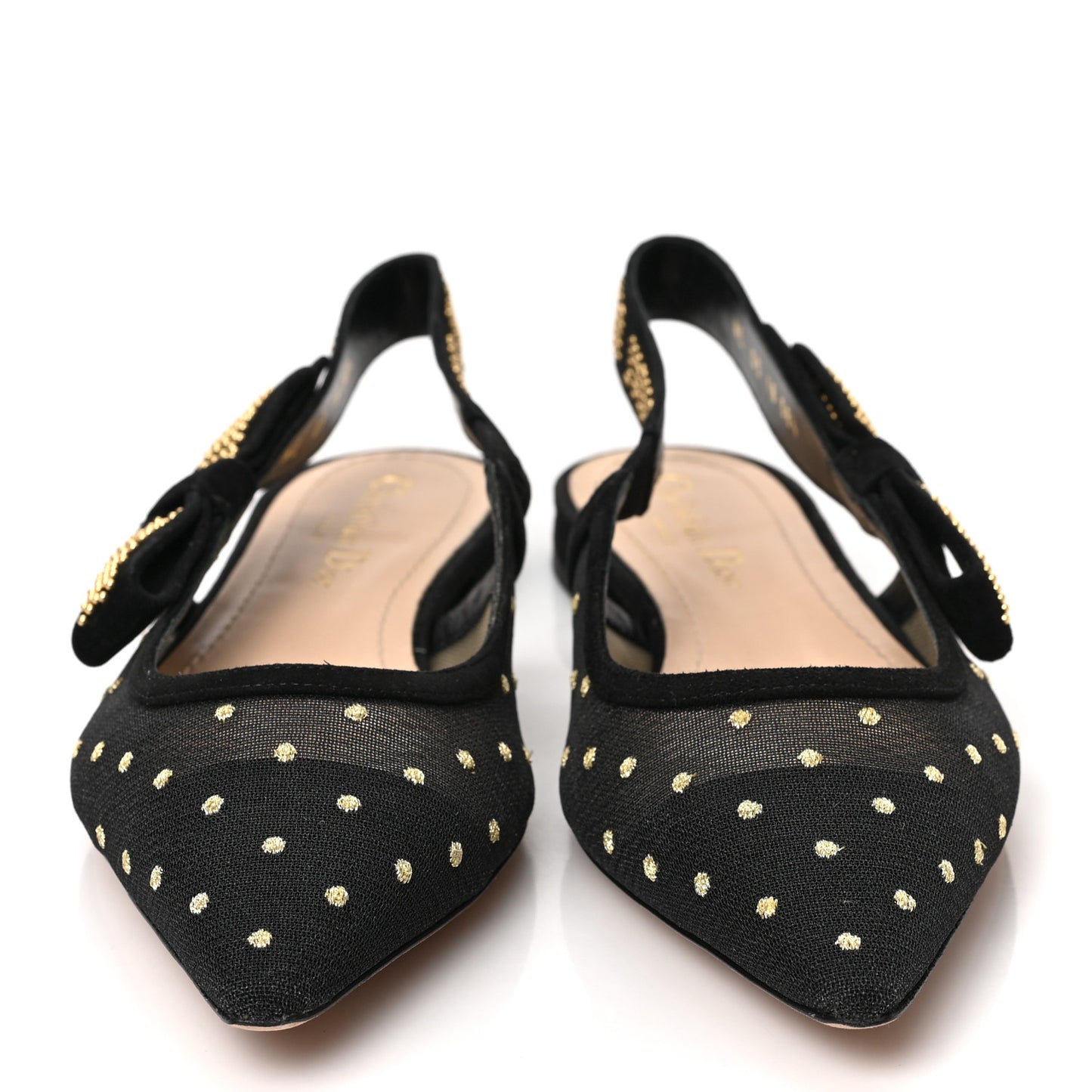 Plumetis Mesh Ribbon Dotted Studded Ballet Flats 38.5 Black Gold