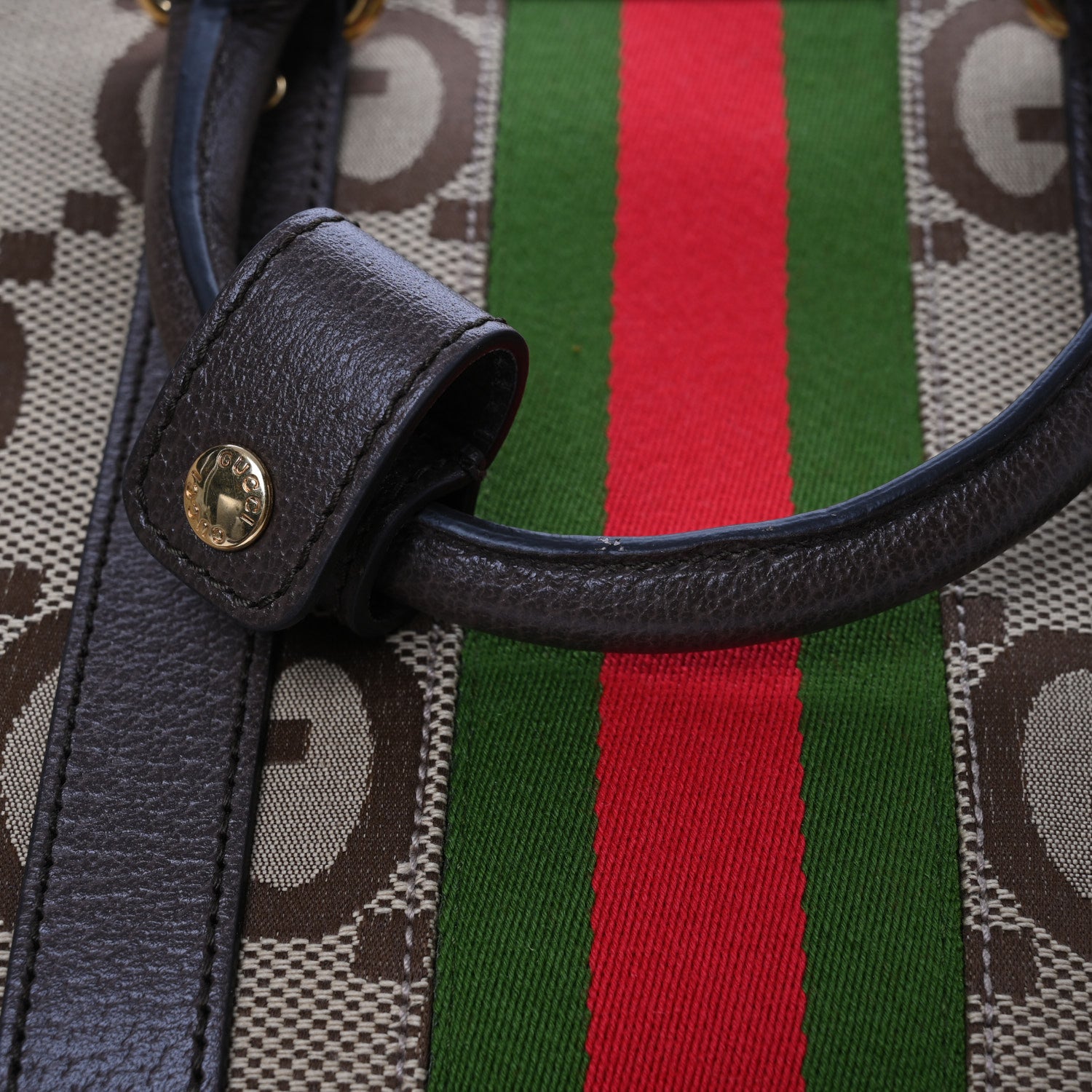 Gucci Monogram Jumbo GG Textured Dollar Calfskin Web Medium Duffle Bag Camel Ebony 12 of 14