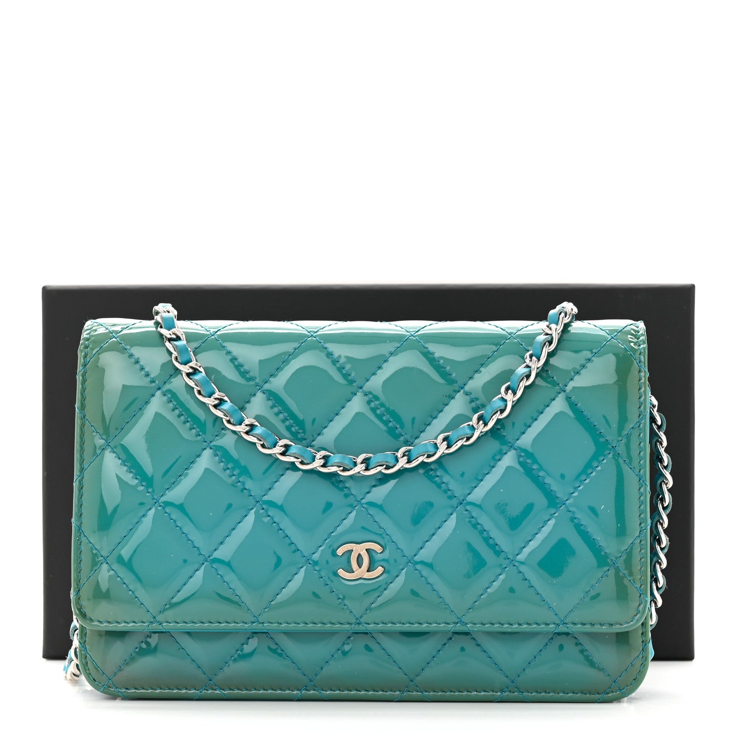 Chanel Patent Quilted Wallet On Chain WOC Turquoise Blue 13 of 13