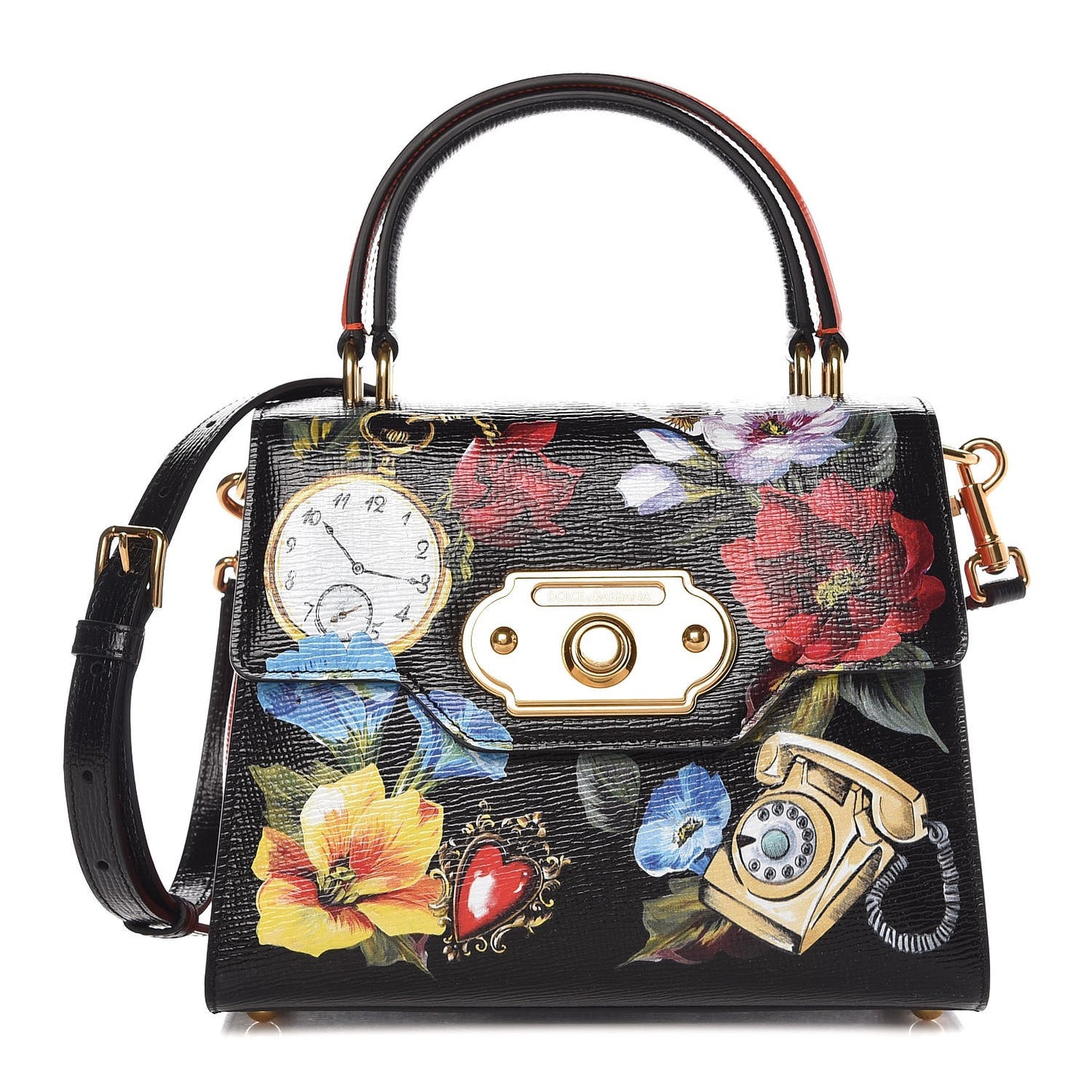 Vitello Flower Printed Welcome Satchel Black