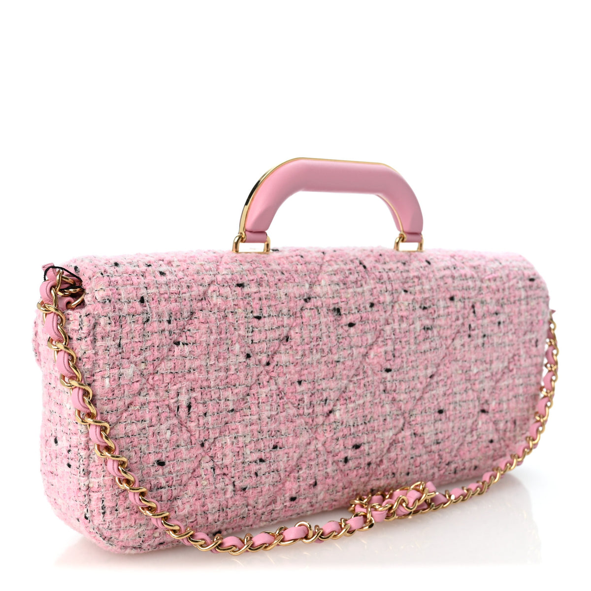 Chanel Tweed Large Top Handle Clutch With Chain Pink Black Ecru 3 of 10