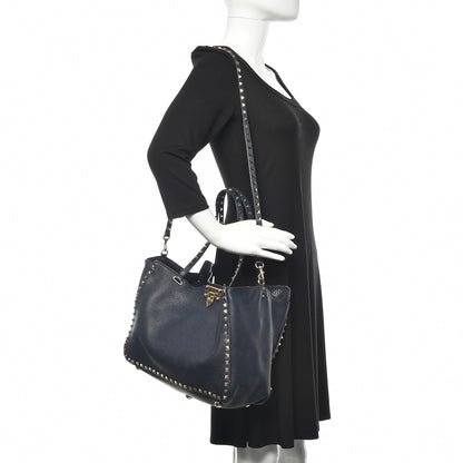 Valentino Garavani Pebbled Calfskin Medium Rockstud Tote Marine 2 of 12