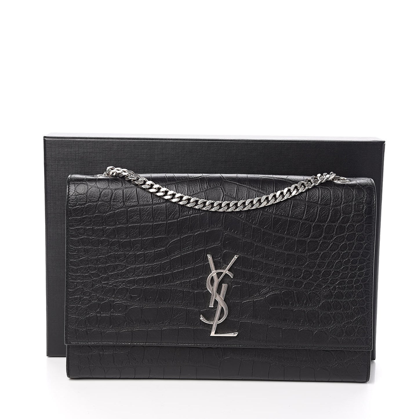 Calfskin Crocodile Embossed Large Classic Monogram Kate Satchel Black