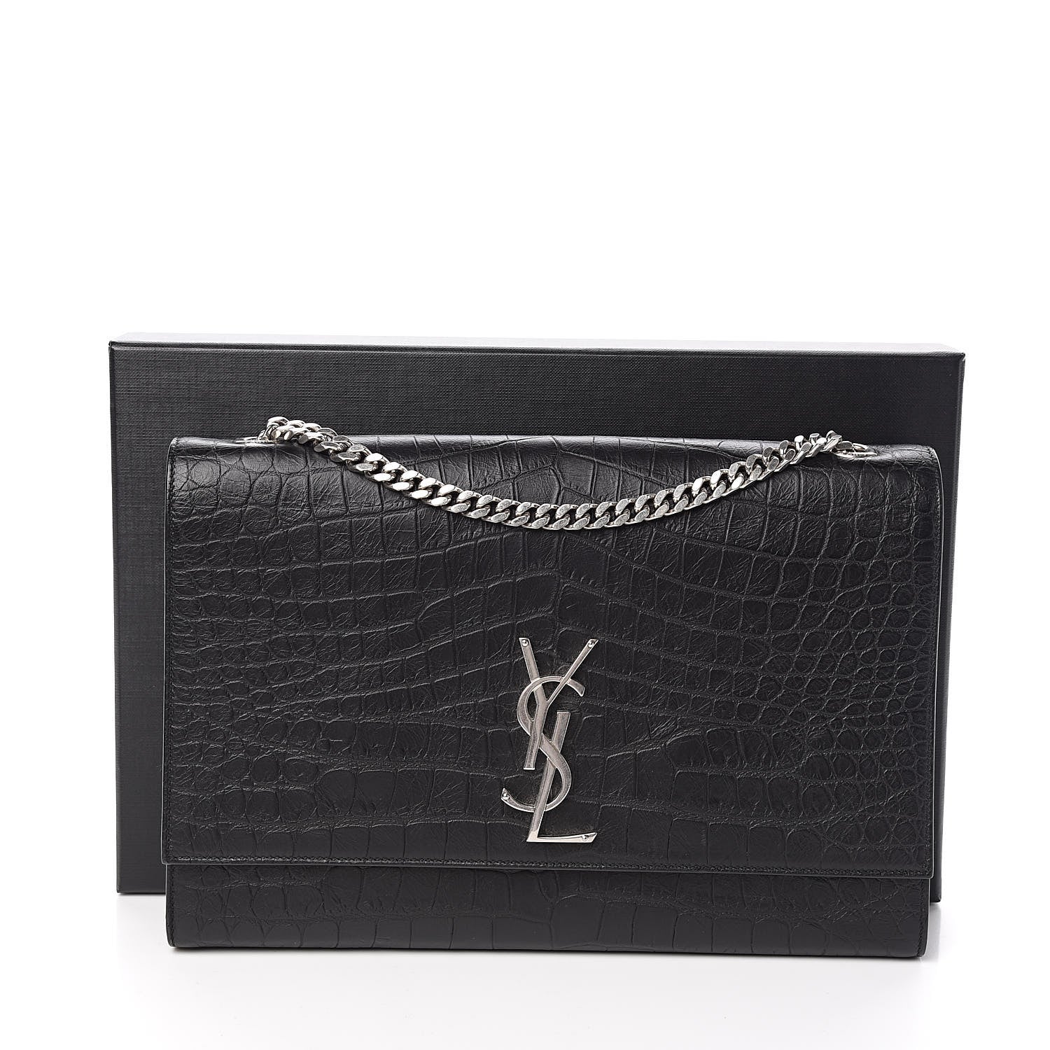 Saint Laurent Calfskin Crocodile Embossed Large Classic Monogram Kate Satchel Black 10 of 10