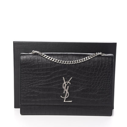 Saint Laurent Calfskin Crocodile Embossed Large Classic Monogram Kate Satchel Black 10 of 10