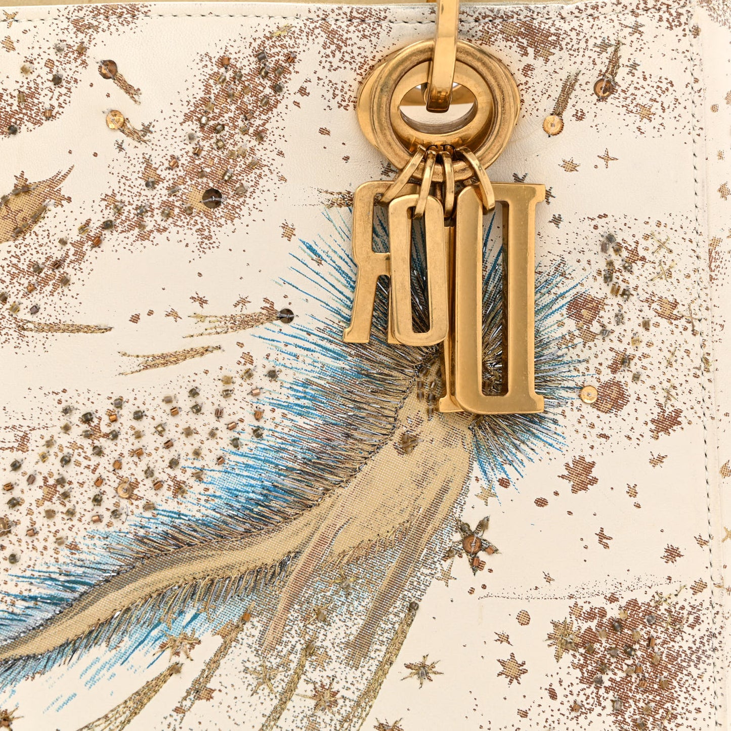 Smooth Calfskin Embroidered I Feel Blue Medium Lady Dior White Multicolor