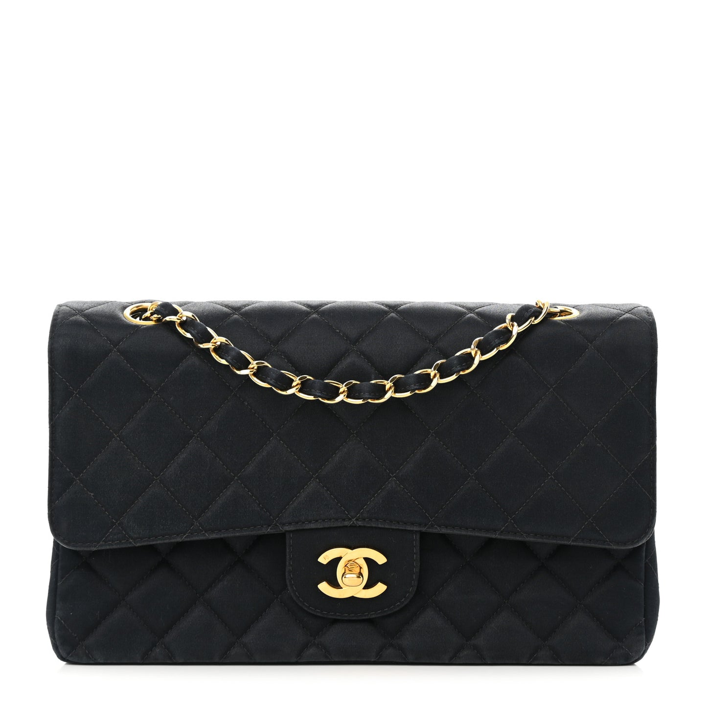 Satin Quilted Medium Double Flap Black