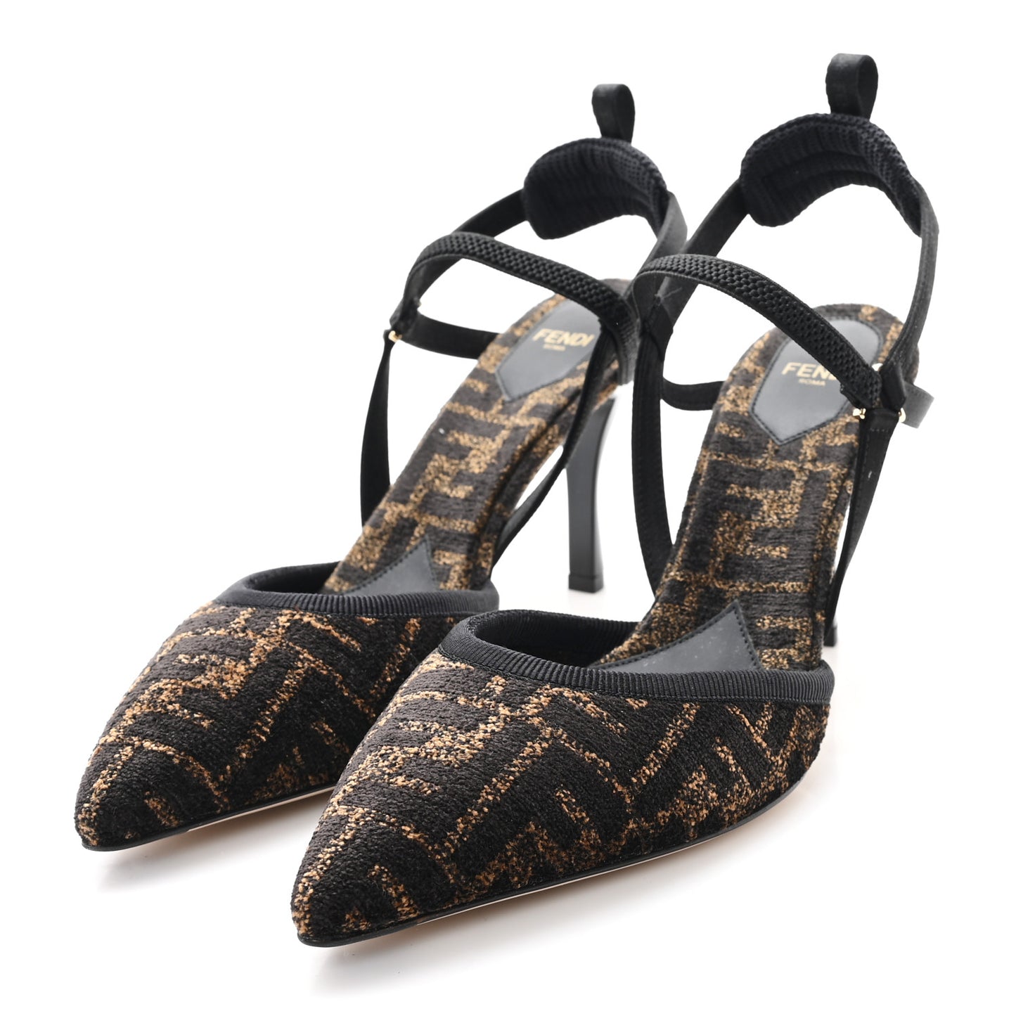 Fabric Jacquard FF Colibri Lite 85mm Slingback Pumps 40 Tobacco Black