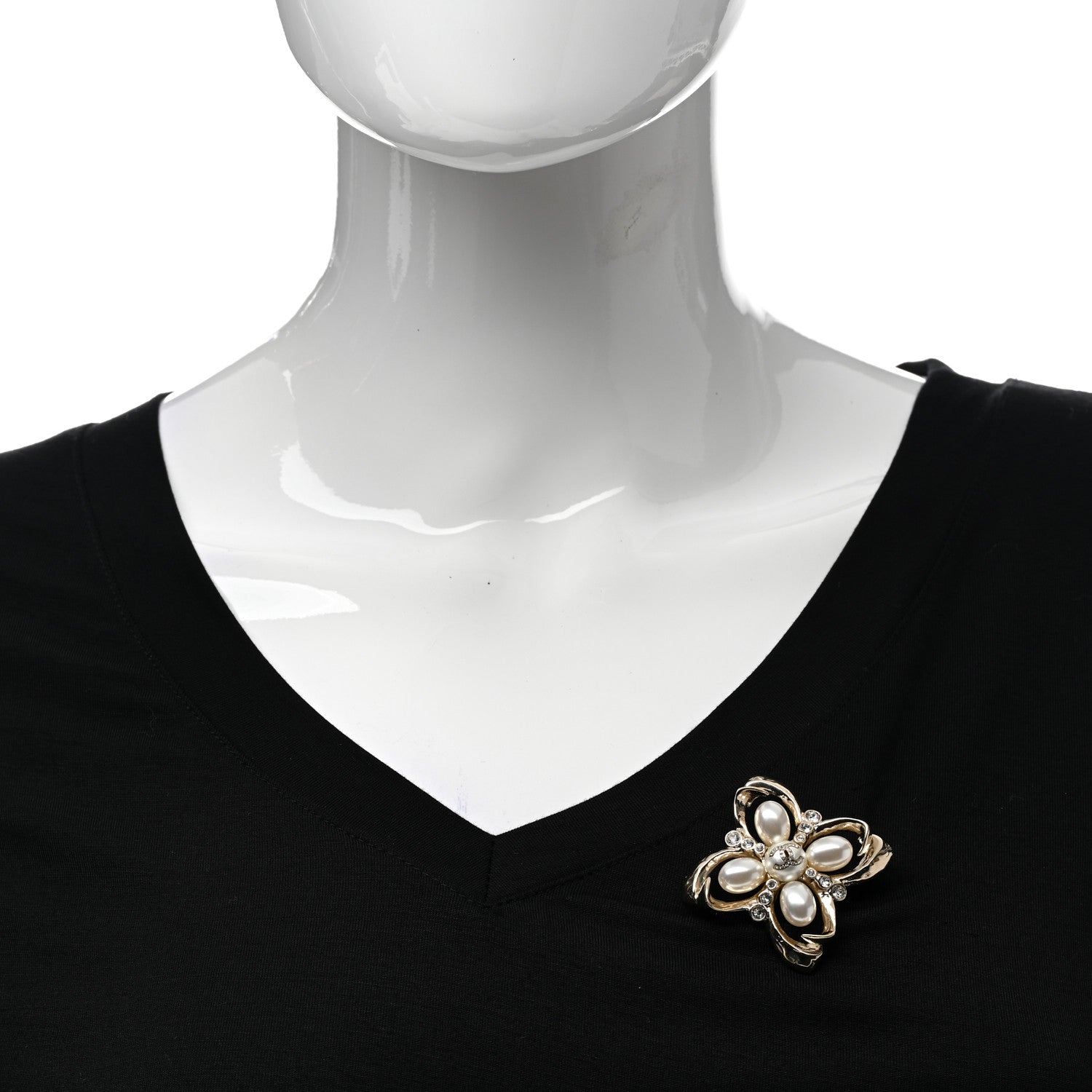 Chanel Pearl Crystal CC Brooch Gold Pearly White 2 of 5