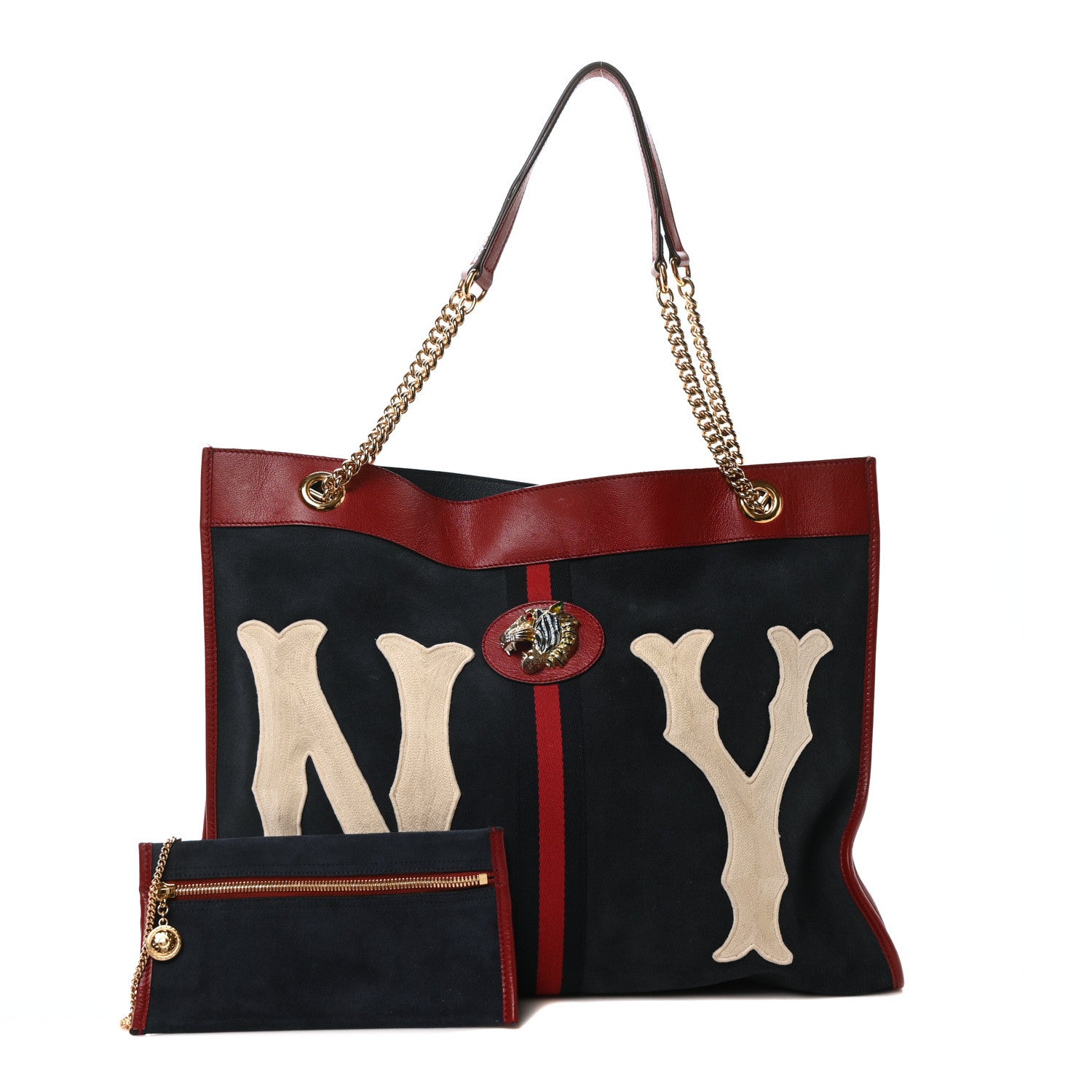 Gucci X MLB Suede Calfskin NY Yankees Large Rajah Chain Tote New Blue Romantic Cherry 3 of 11