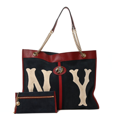 Gucci X MLB Suede Calfskin NY Yankees Large Rajah Chain Tote New Blue Romantic Cherry 3 of 11