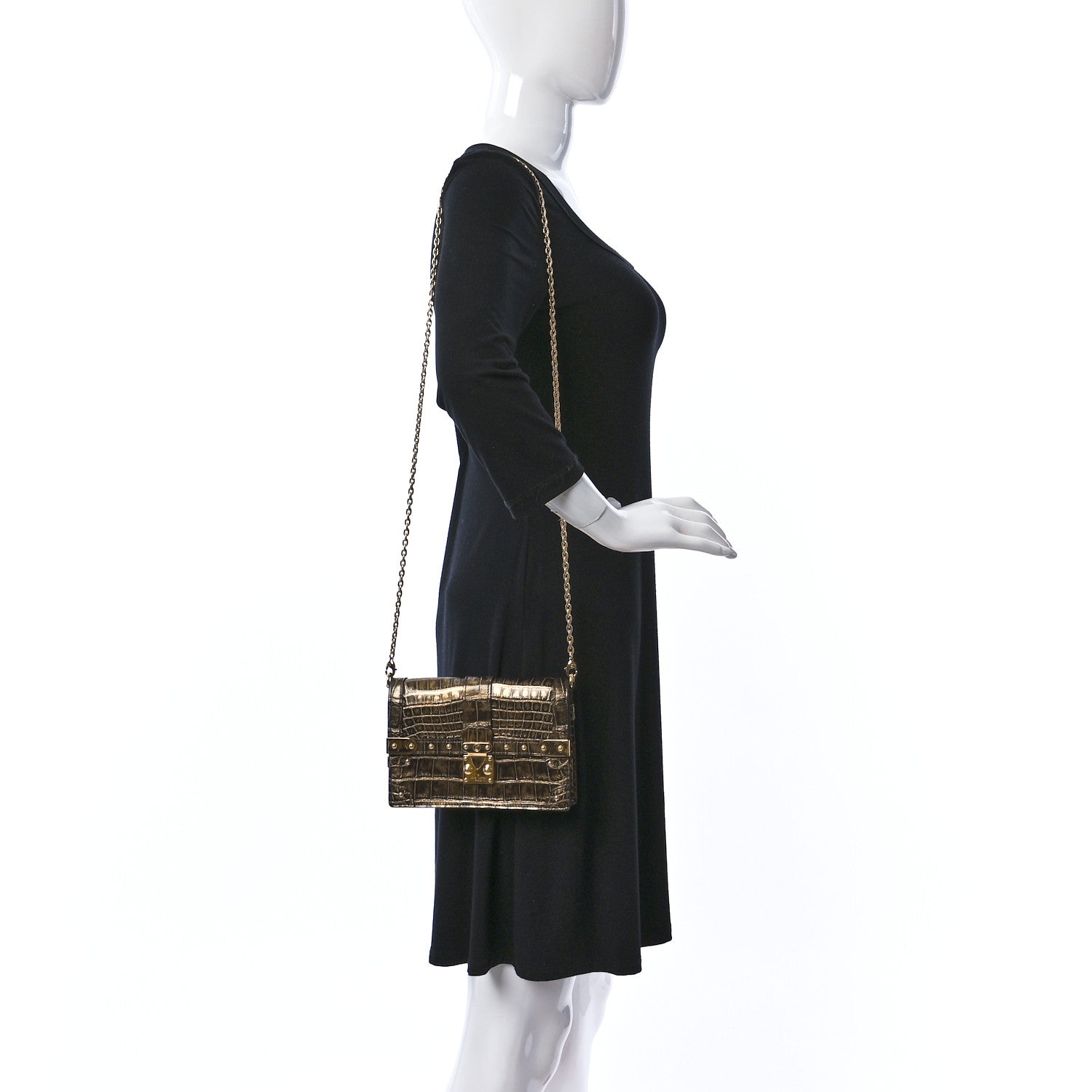 Louis Vuitton Crocodile Trunk Chain Wallet Gold Black 2 of 11