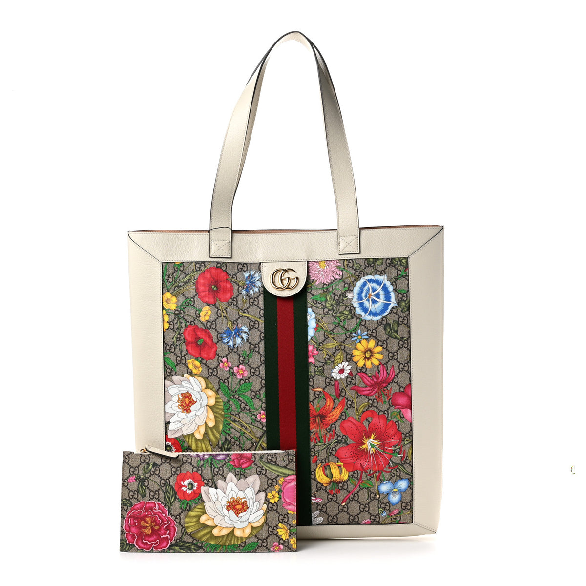 GG Supreme Monogram Flora Web Ophidia Vertical Shopping Tote White