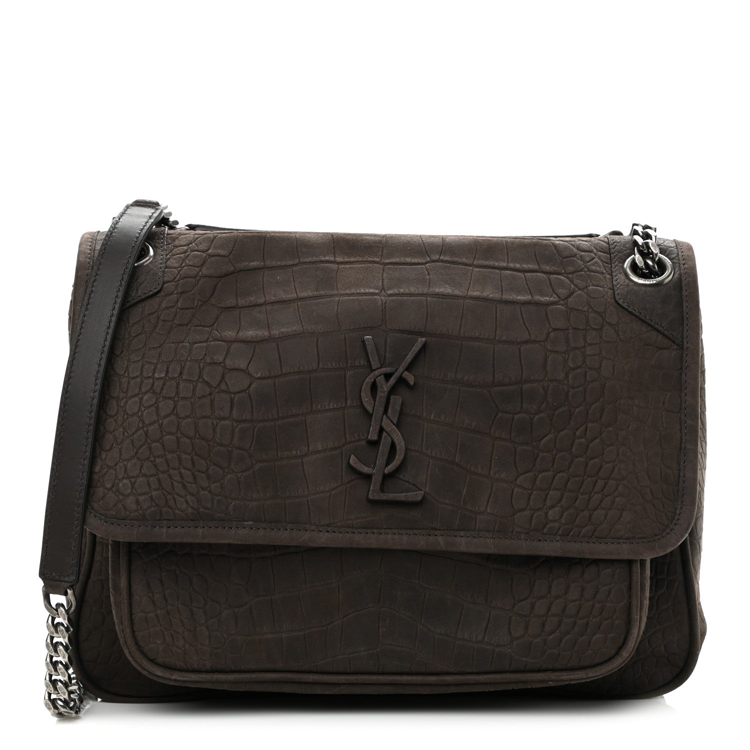 Saint Laurent Nubuck Crocodile Embossed Monogram Medium Niki Chain Satchel Wood 1 of 10