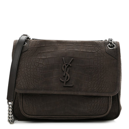 Saint Laurent Nubuck Crocodile Embossed Monogram Medium Niki Chain Satchel Wood 1 of 10