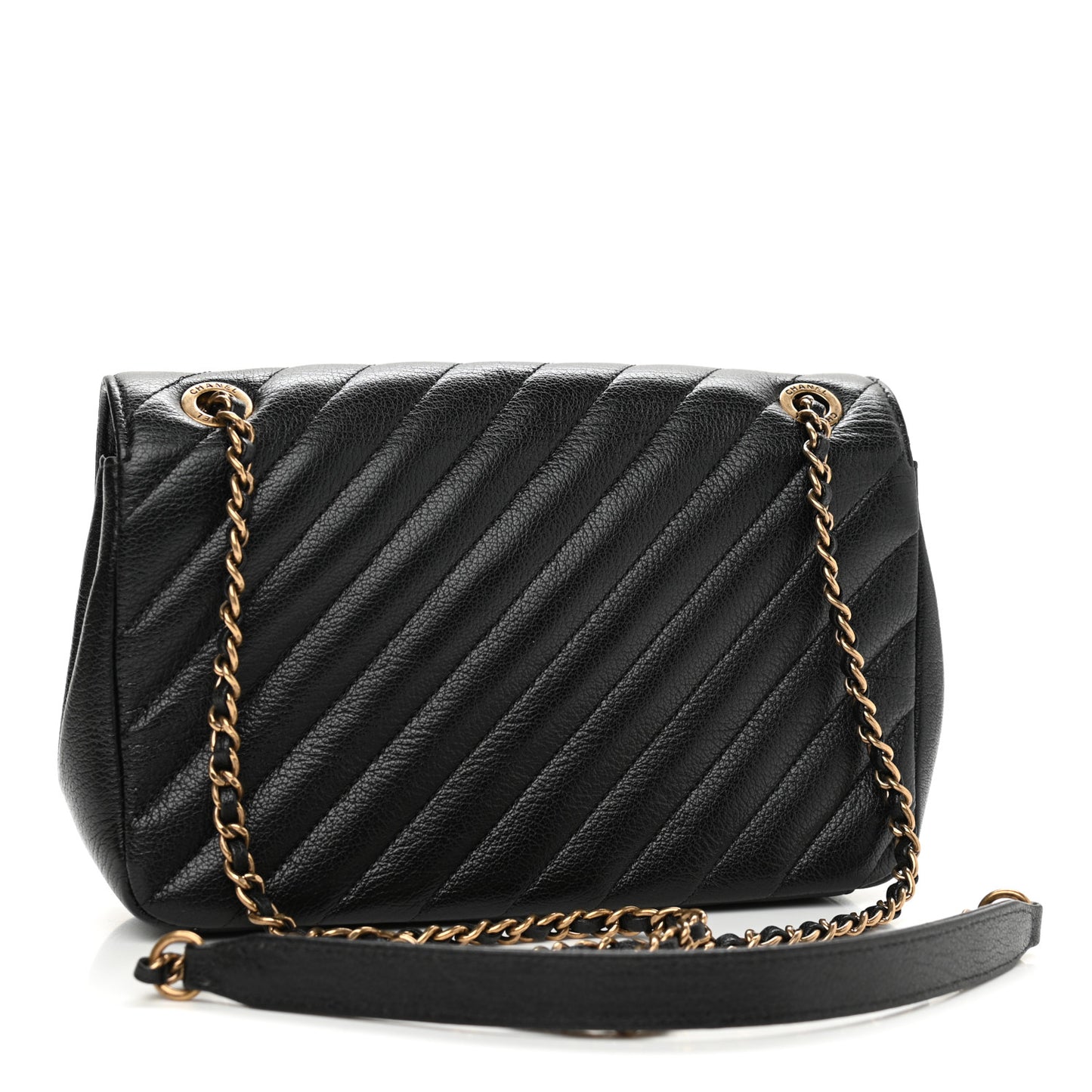 Shiny Goatskin Diagonal Quilted Small Flap Black