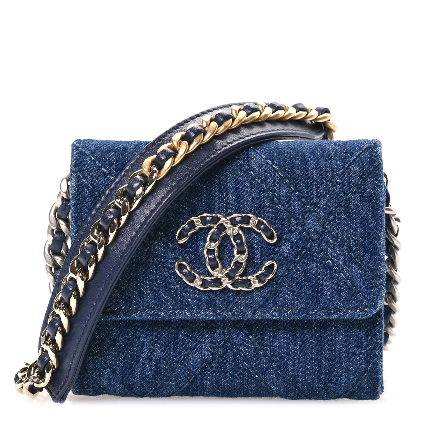 Denim Quilted Chanel 19 Flap Coin Purse With Chain Blue