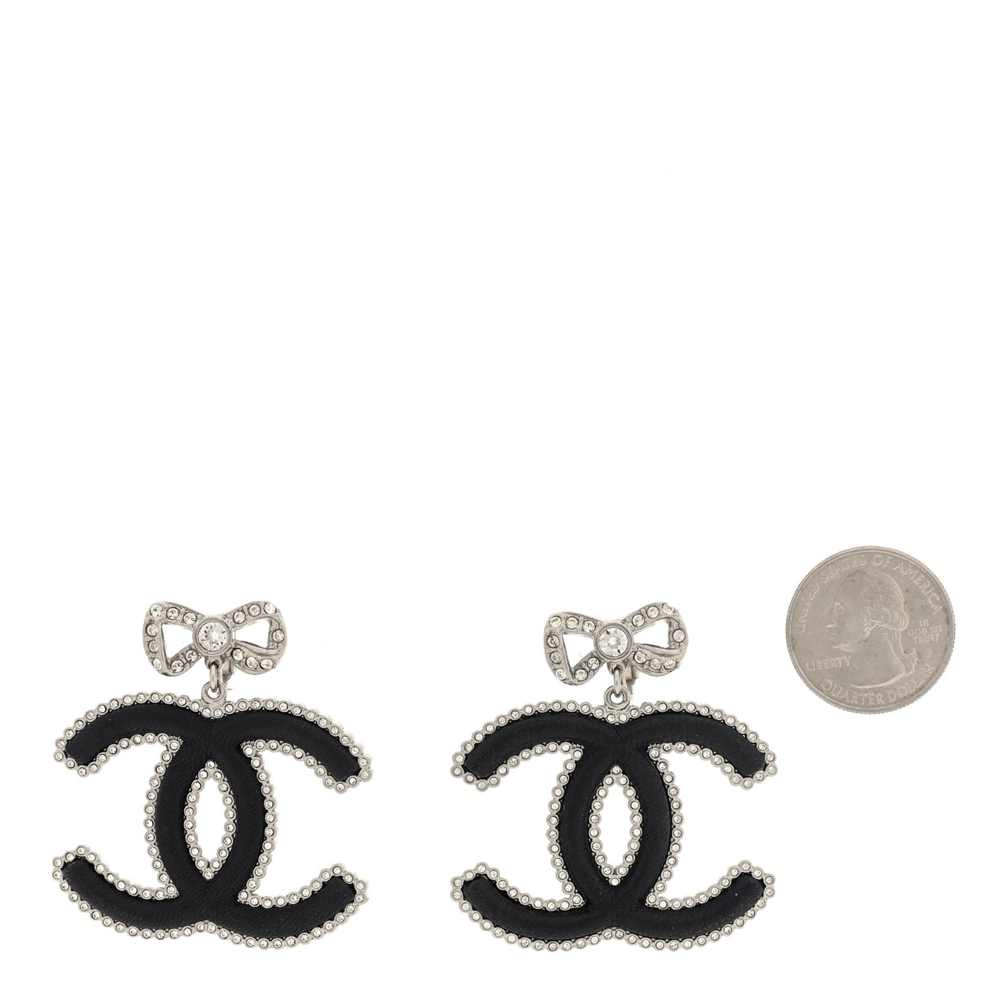 Metal Lambskin Crystal CC Bow Drop Earrings Silver Black