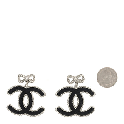 Chanel Metal Lambskin Crystal CC Bow Drop Earrings Silver Black 2 of 4