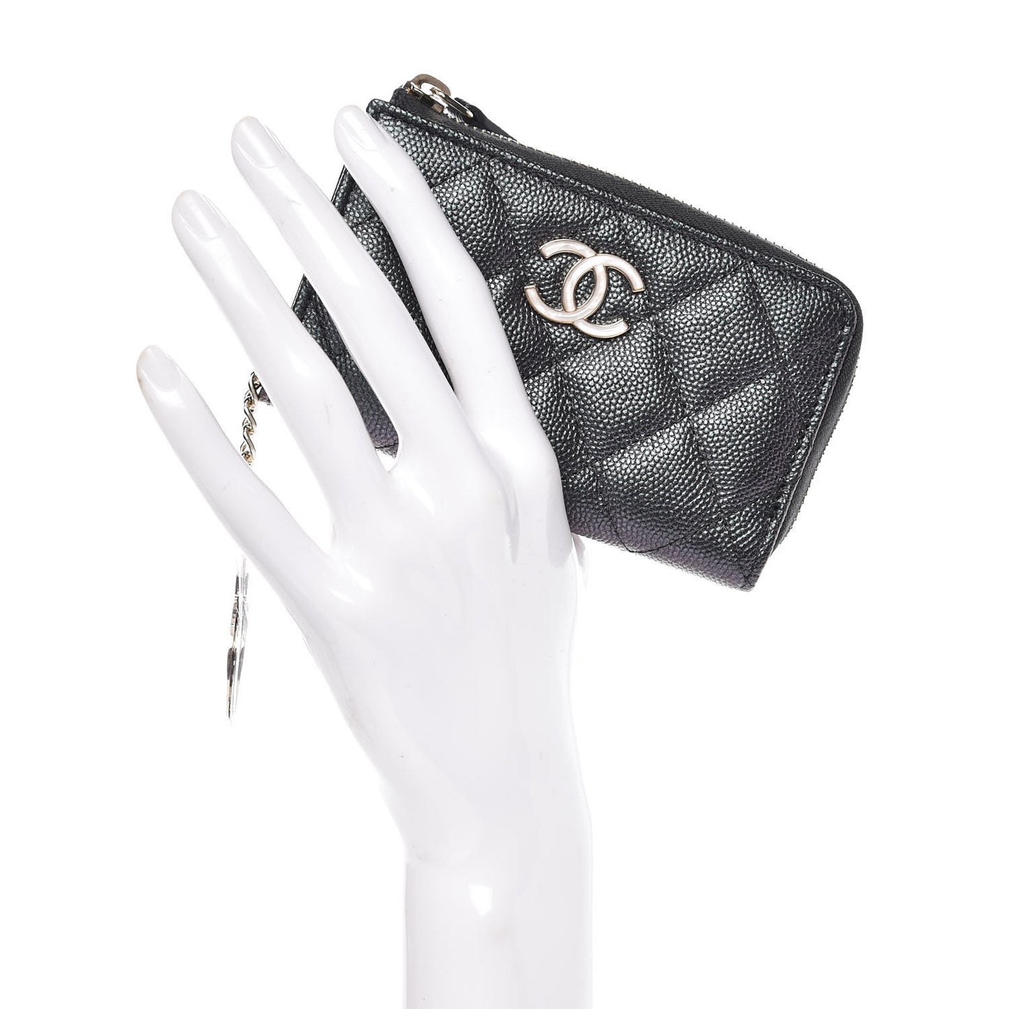 Iridescent Caviar Quilted Zipped Key Holder Case Black