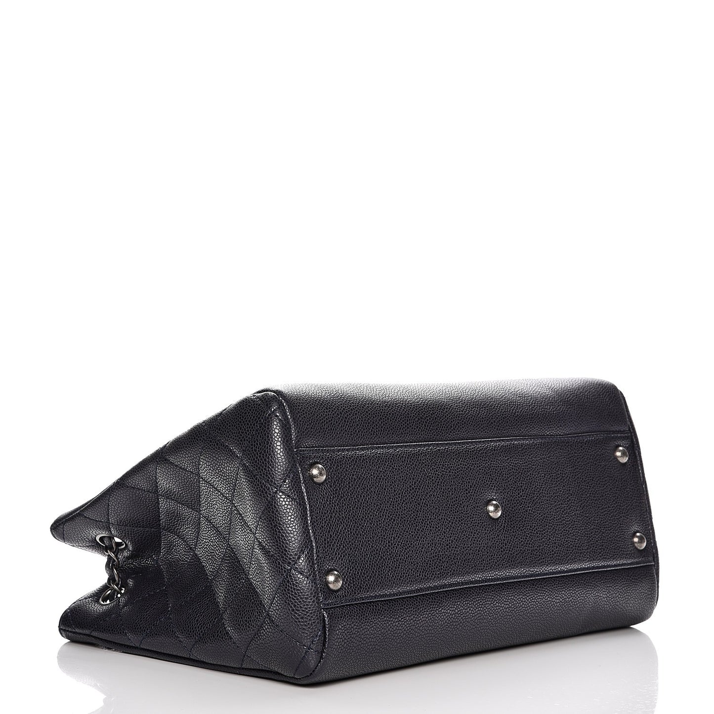 Metallic Grained Calfskin Woven Chain Medium Shopping Tote Dark Navy