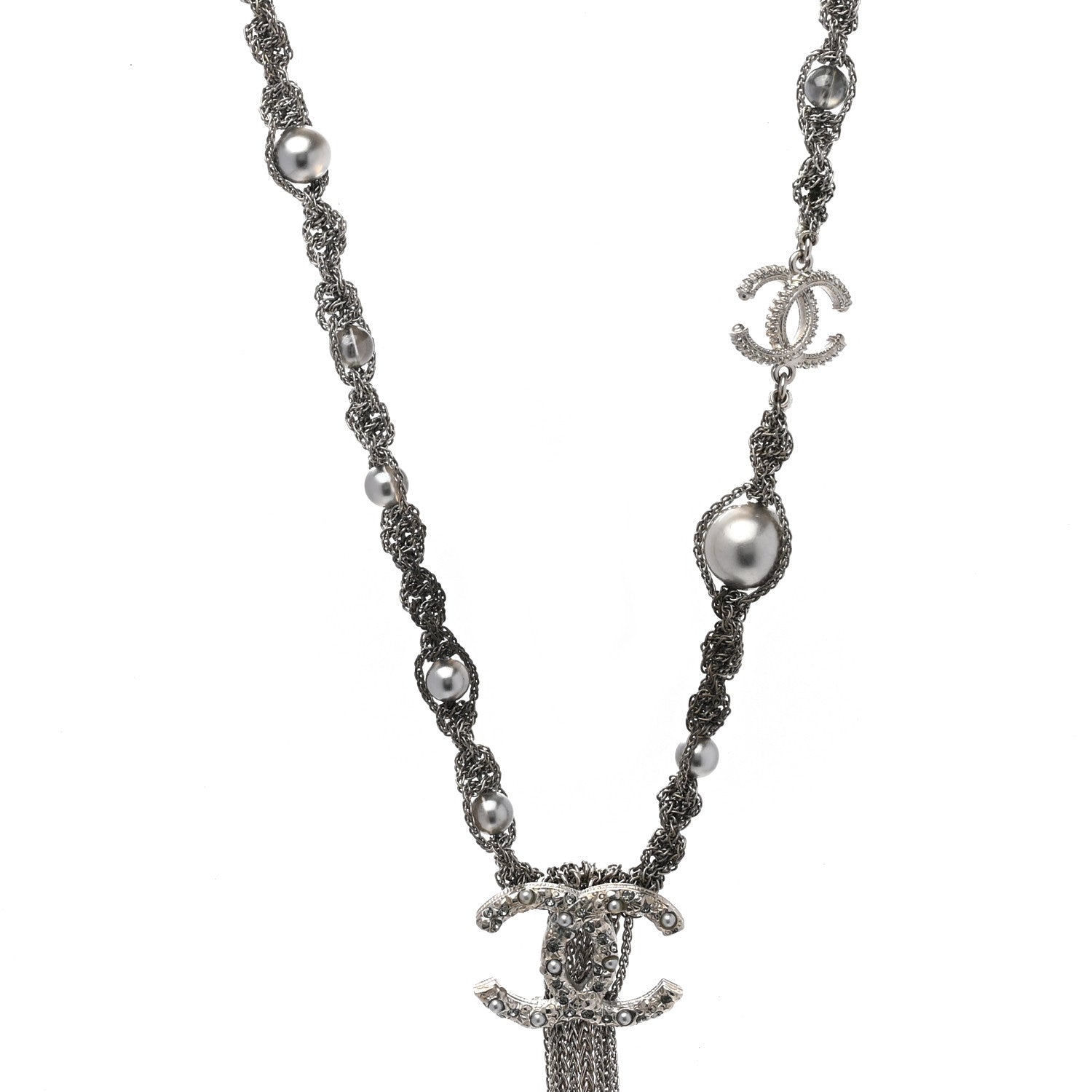 Chanel Crystal Pearl Chain Necklace Gray 4 of 5